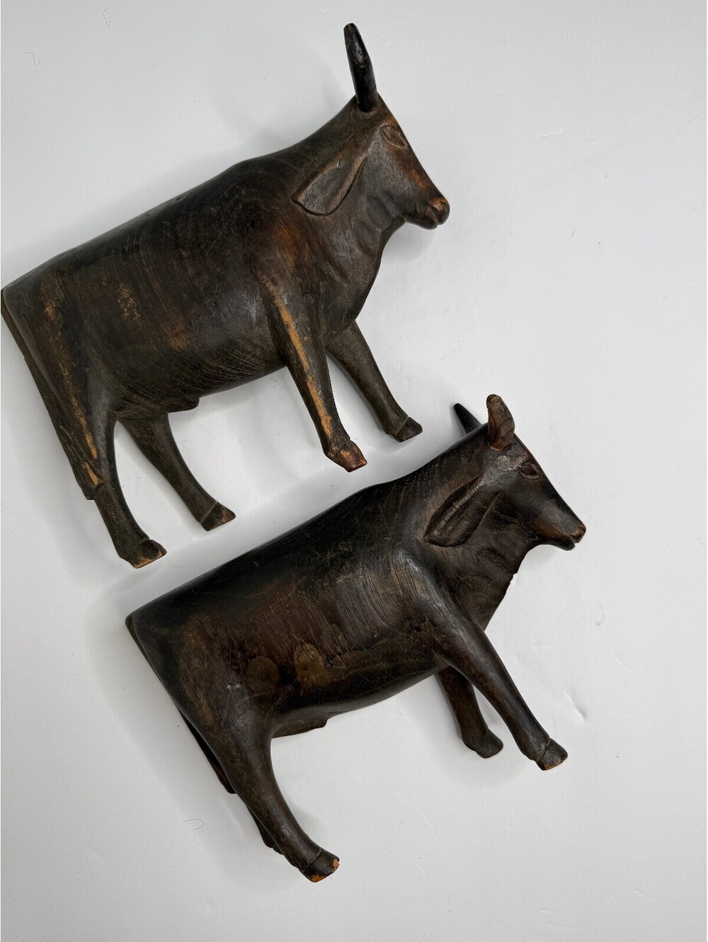 Pair Hand Carved Wooden Bull Ox Cow Figurines Rustic Folk Art Decor